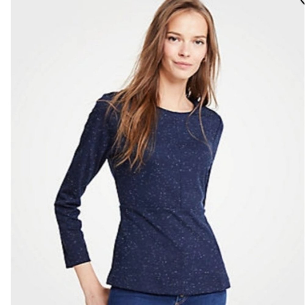 NWOT ANN TAYLOR PREPPY SPECKLED PEPLUM TOP NAVY BLUE SIZE SMALL